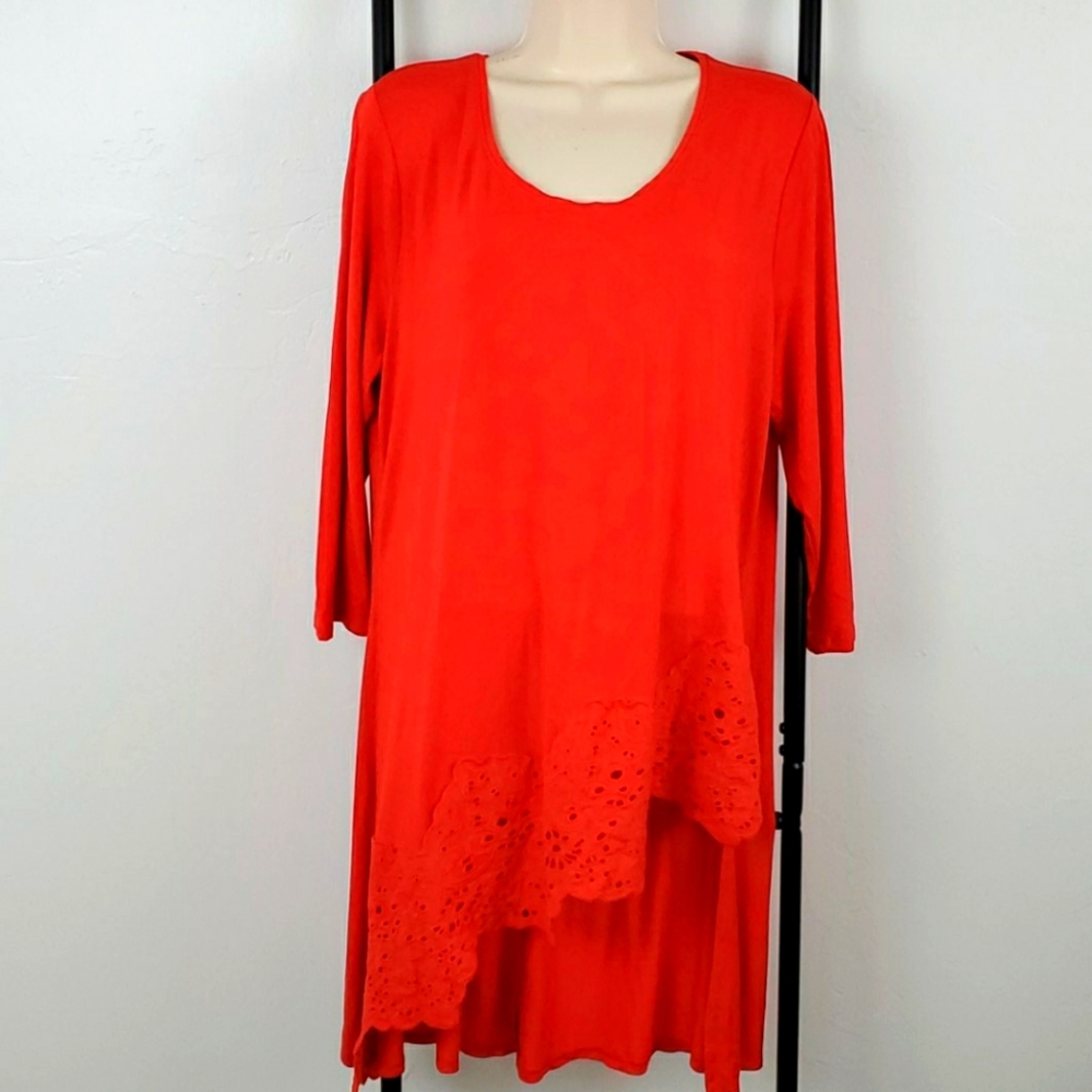 Chicos Red Lace Tunic Top Long Sleeve Womens Size 2